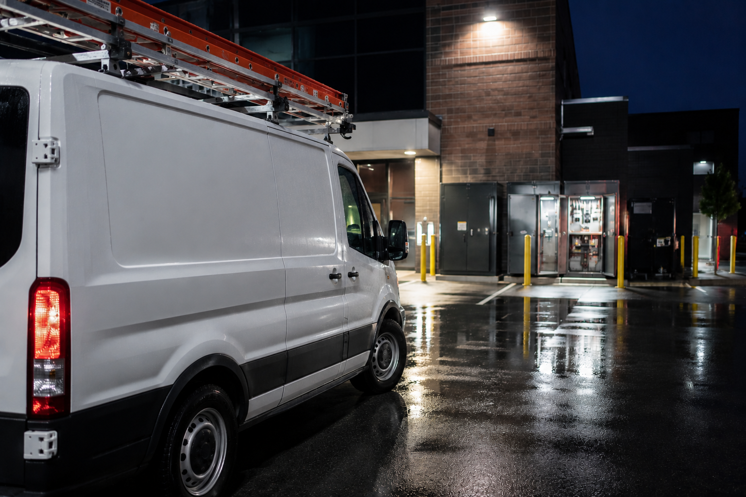 White utility van parked on a wet street at night beside a lit building entrance