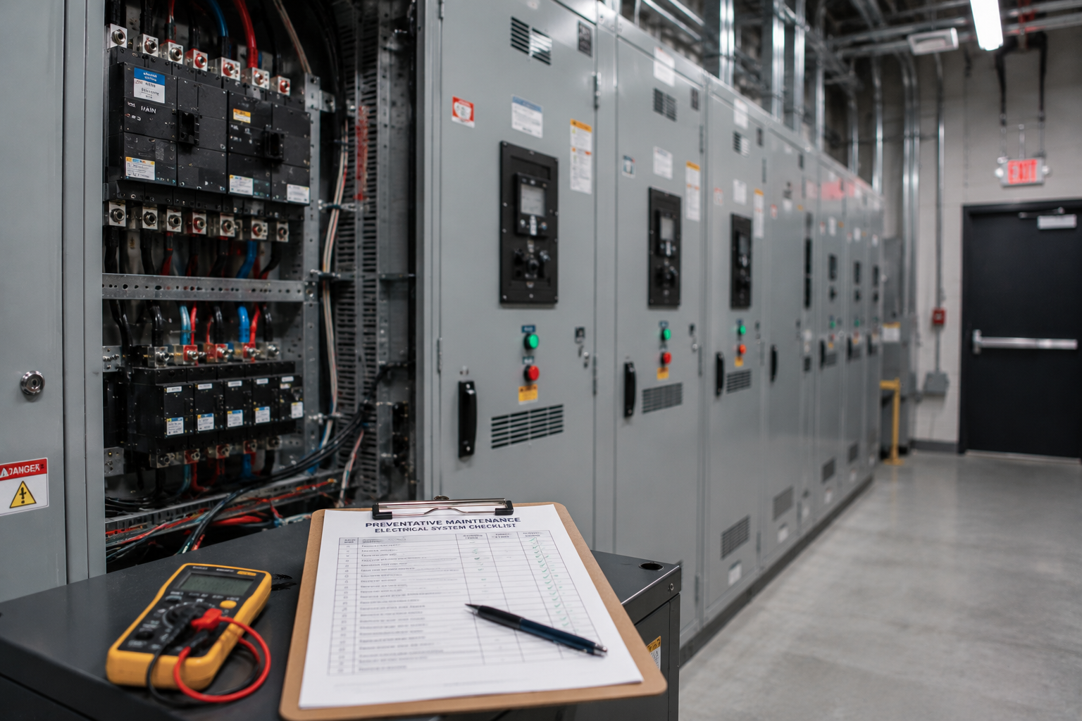 Electrical control panels in a utility room, with a clipboard and tools on a workbench.