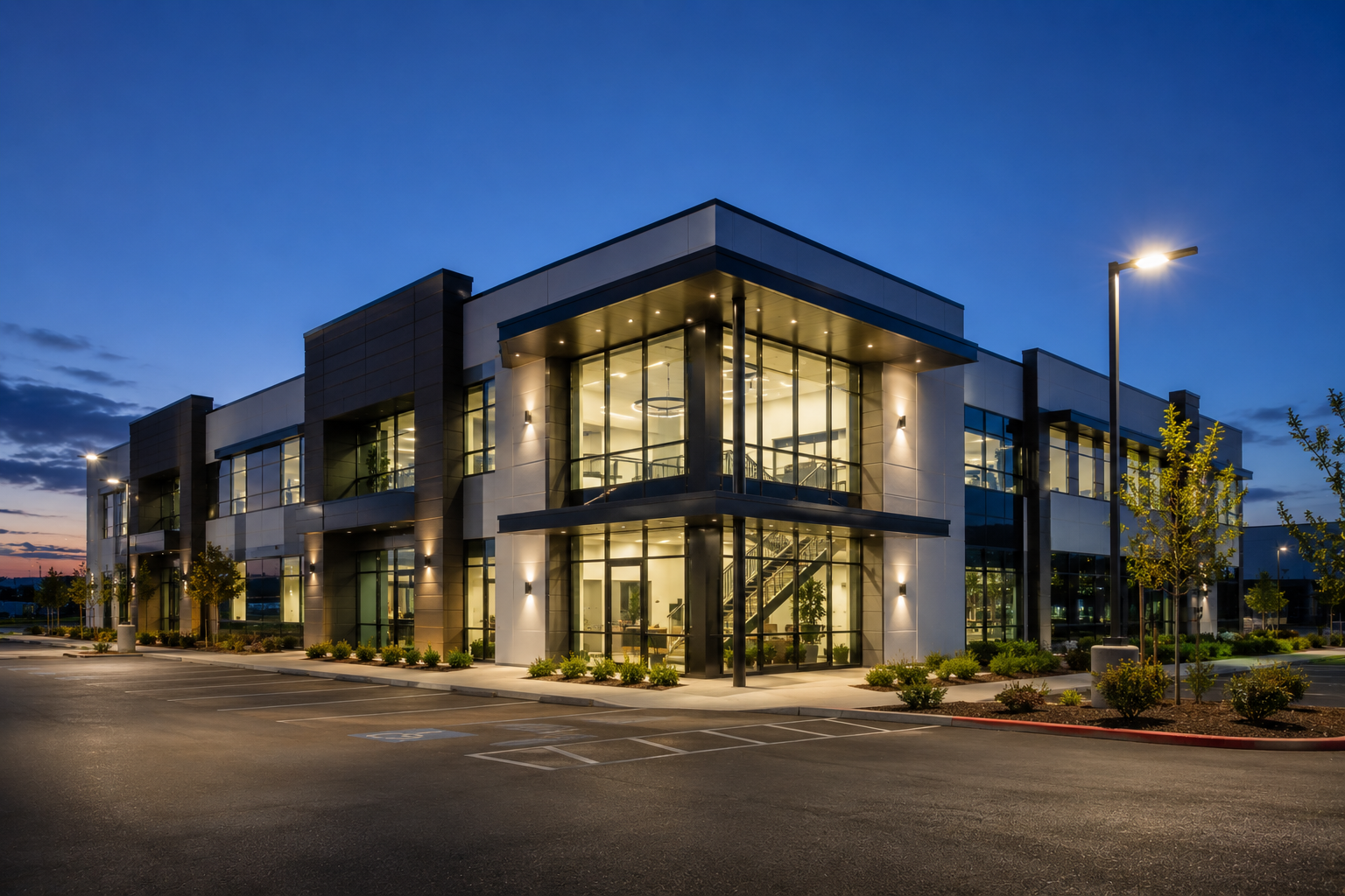 Modern glass office building at dusk with illuminated windows and a parking lot