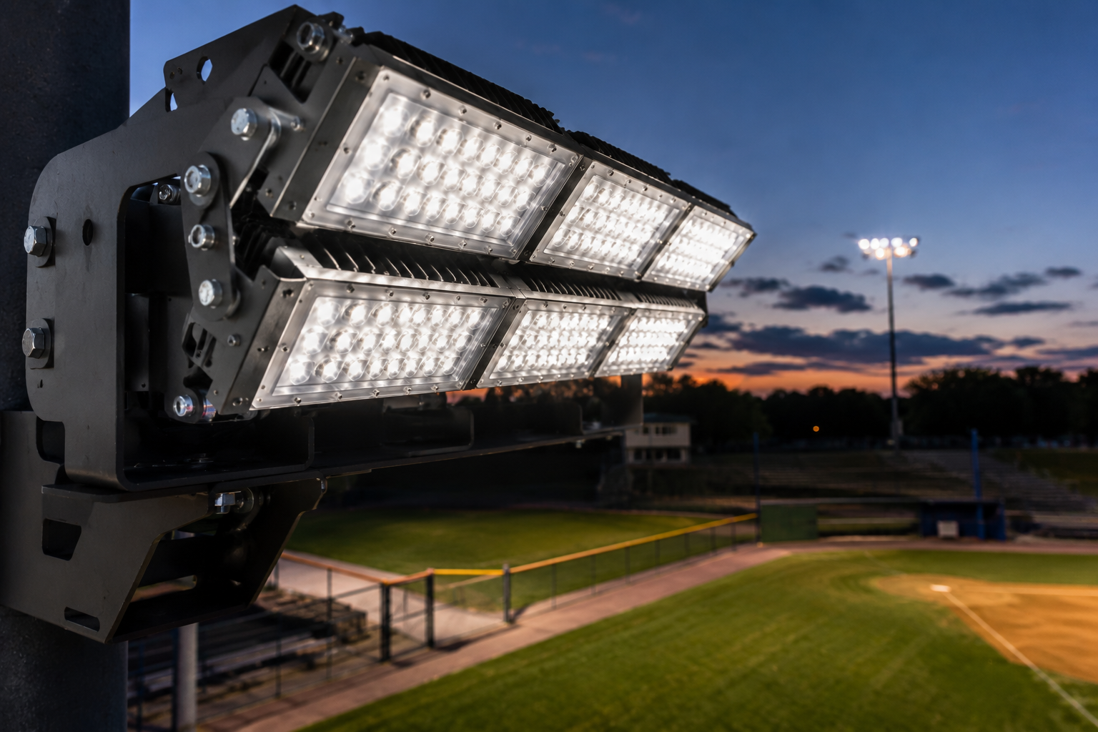 Large stadium floodlight at dusk over a sports field and stands