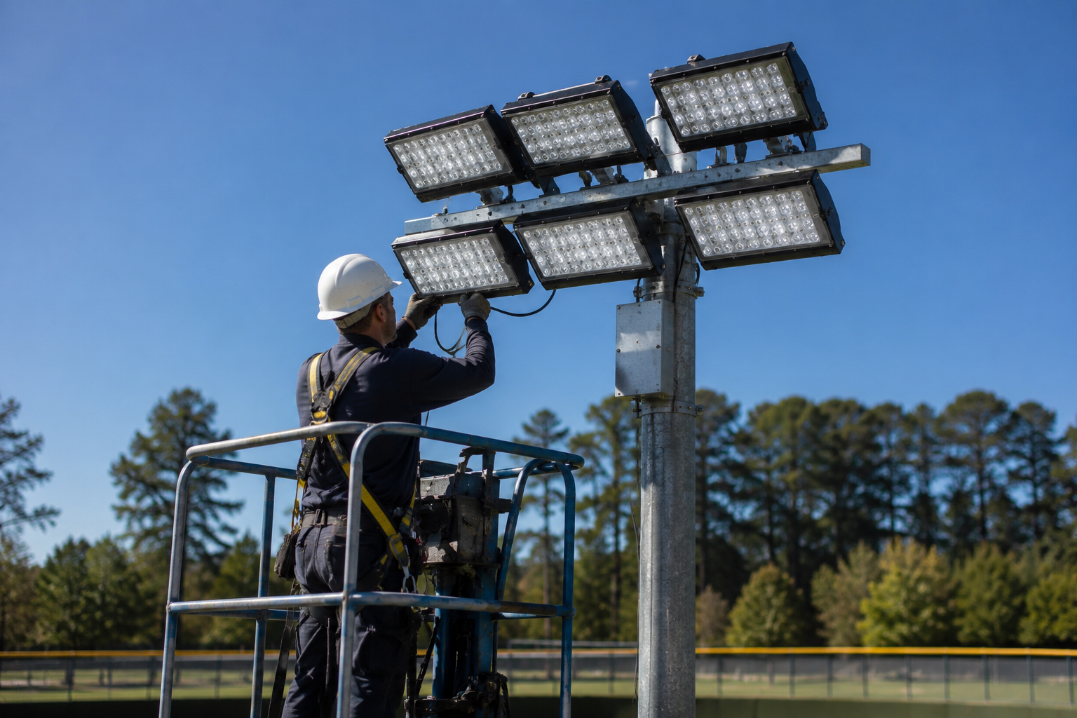 Worker on a lift adjusting stadium floodlights under a blue sky