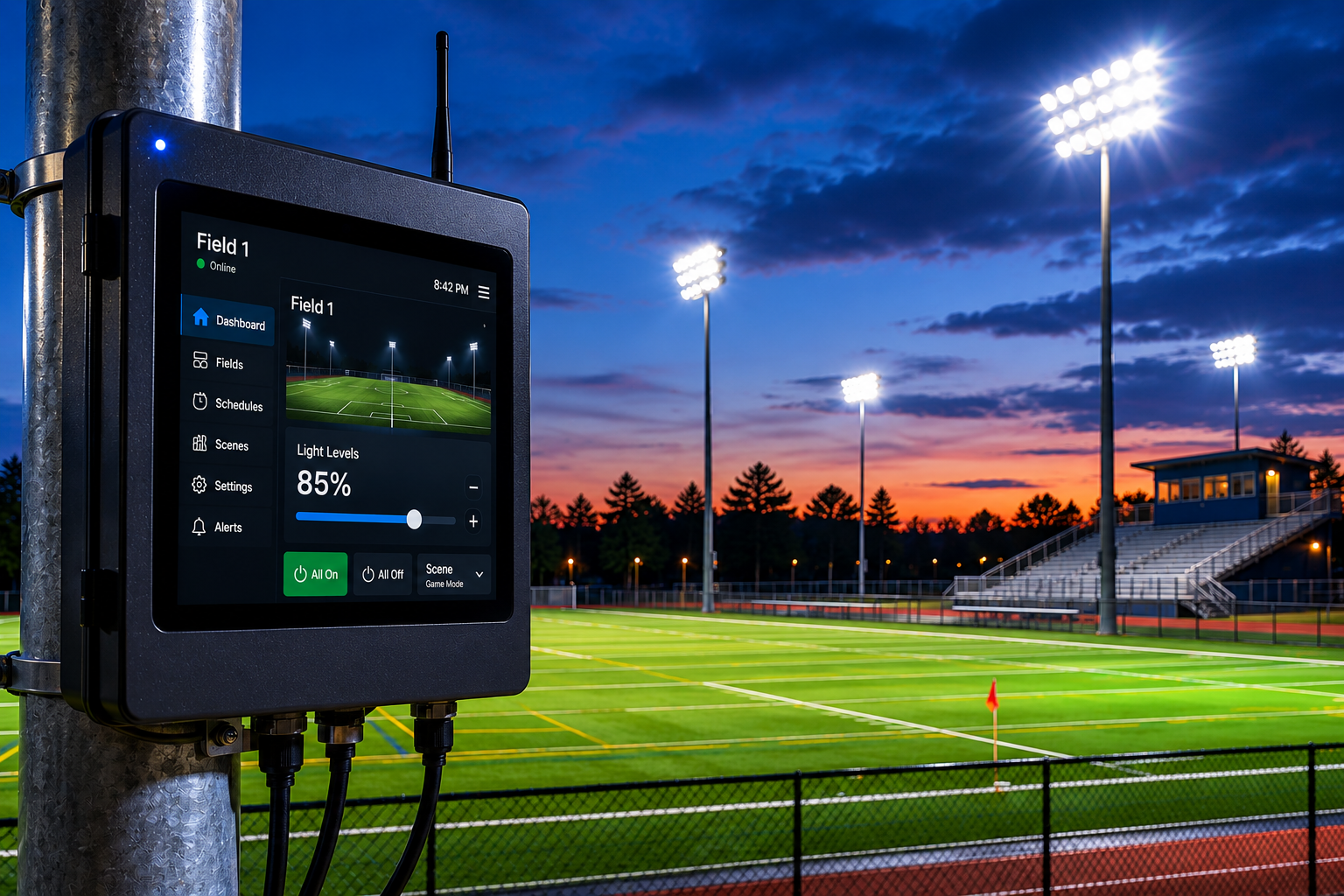 Soccer field at dusk with stadium lights and a field monitor showing match stats in the foreground