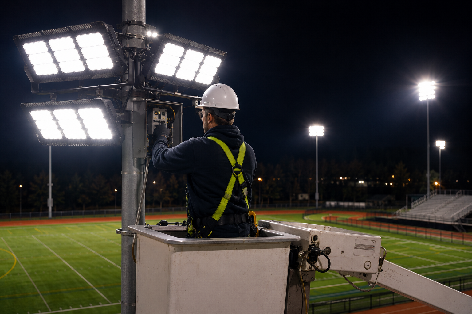 Worker in hard hat adjusting bright stadium lights above a sports field at night