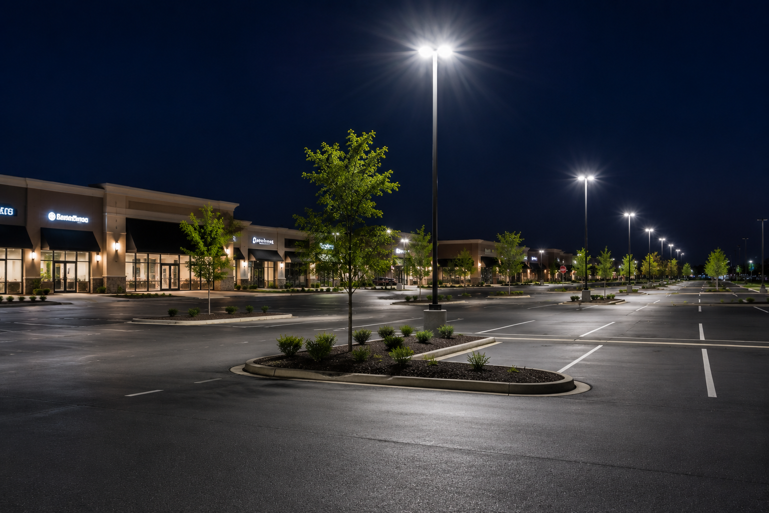 Large warehouse interior with stacked boxes, bright lights, and wide empty aisles