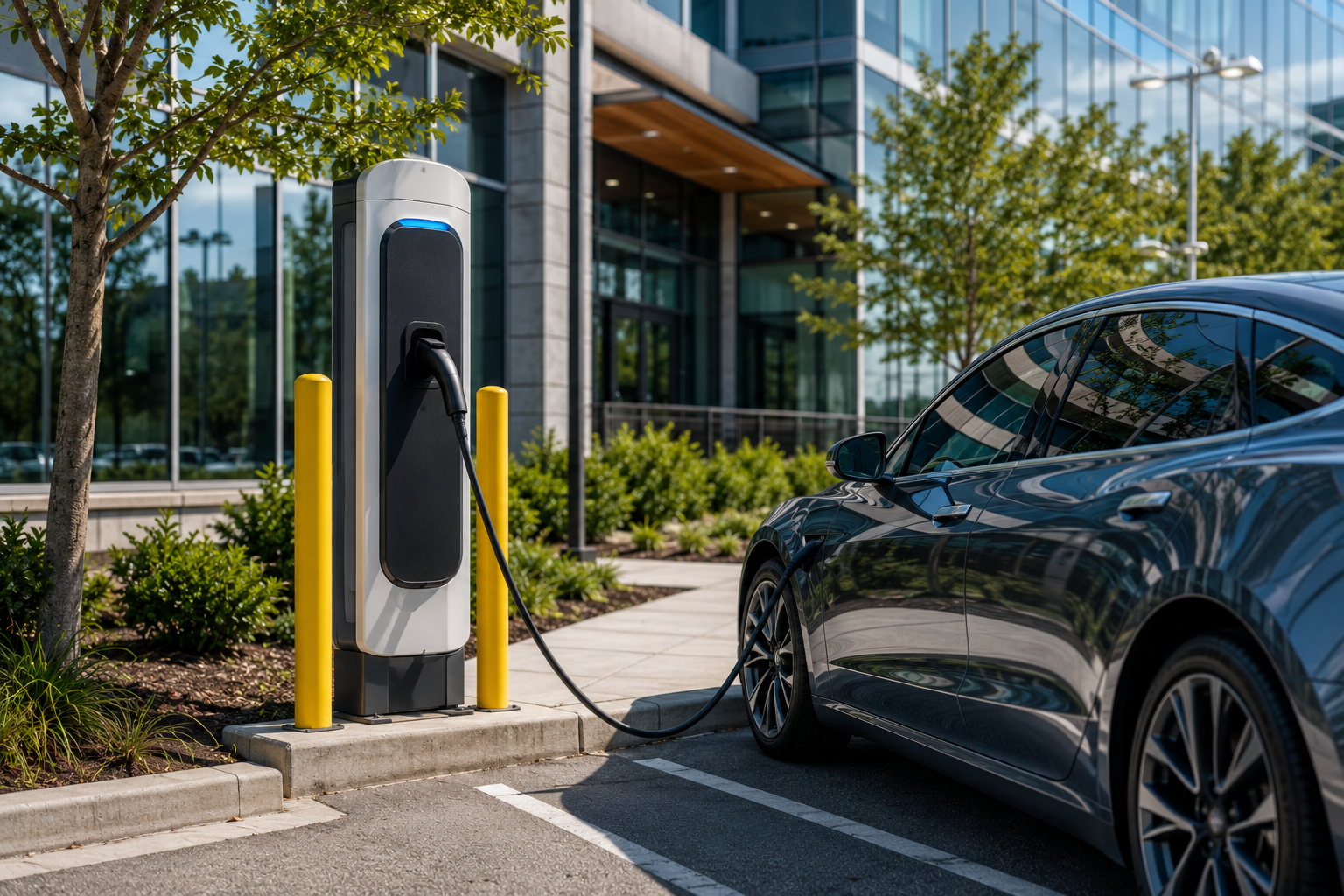 Electric car charging at a station outside a modern office building.