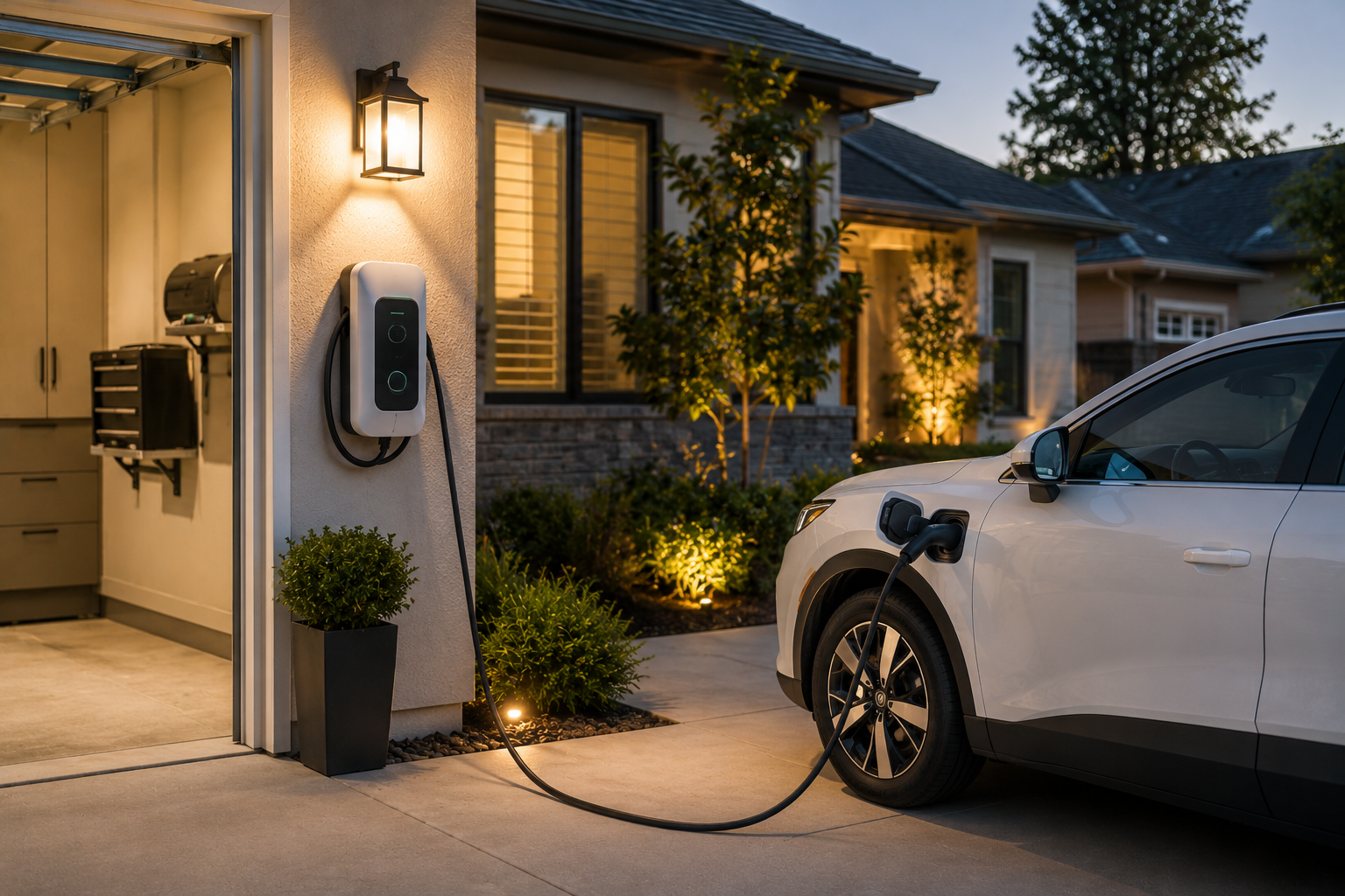 Electric car charging in a driveway beside a warmly lit suburban house at dusk.