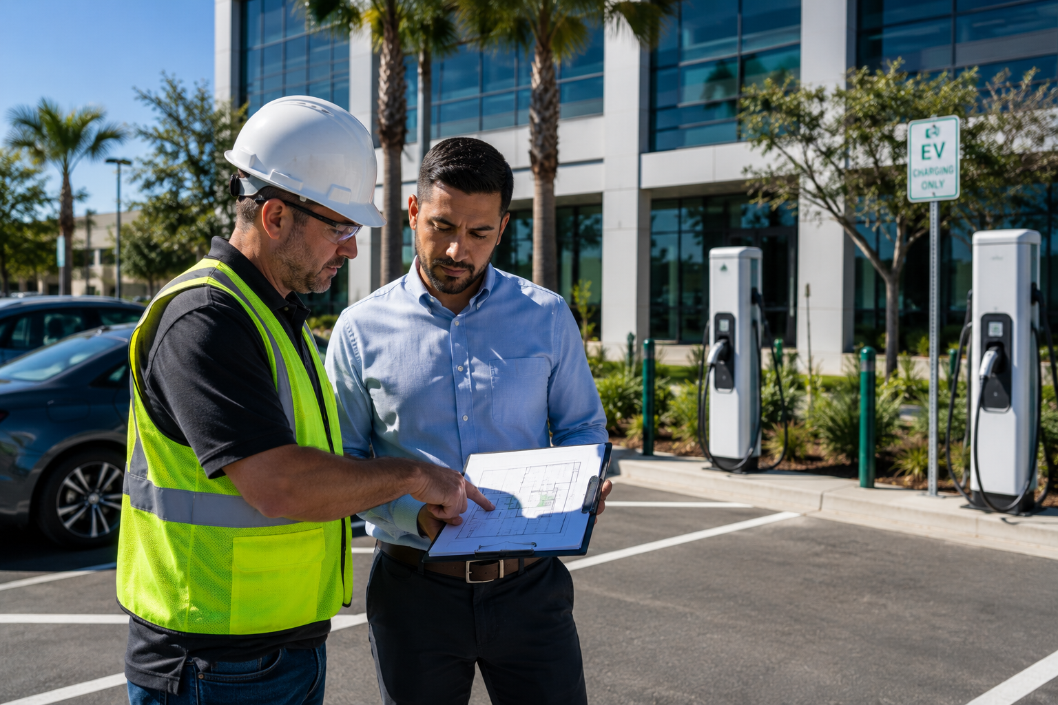 Two workers review plans beside EV charging stations in a sunny parking lot.