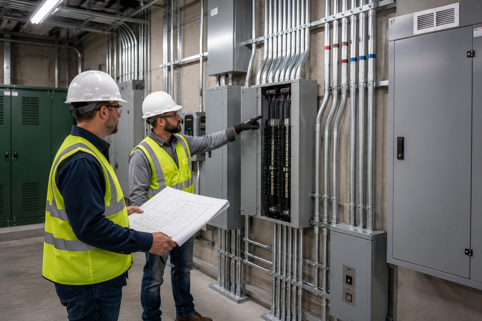 Two workers in hard hats inspect an electrical control panel in an industrial room.
