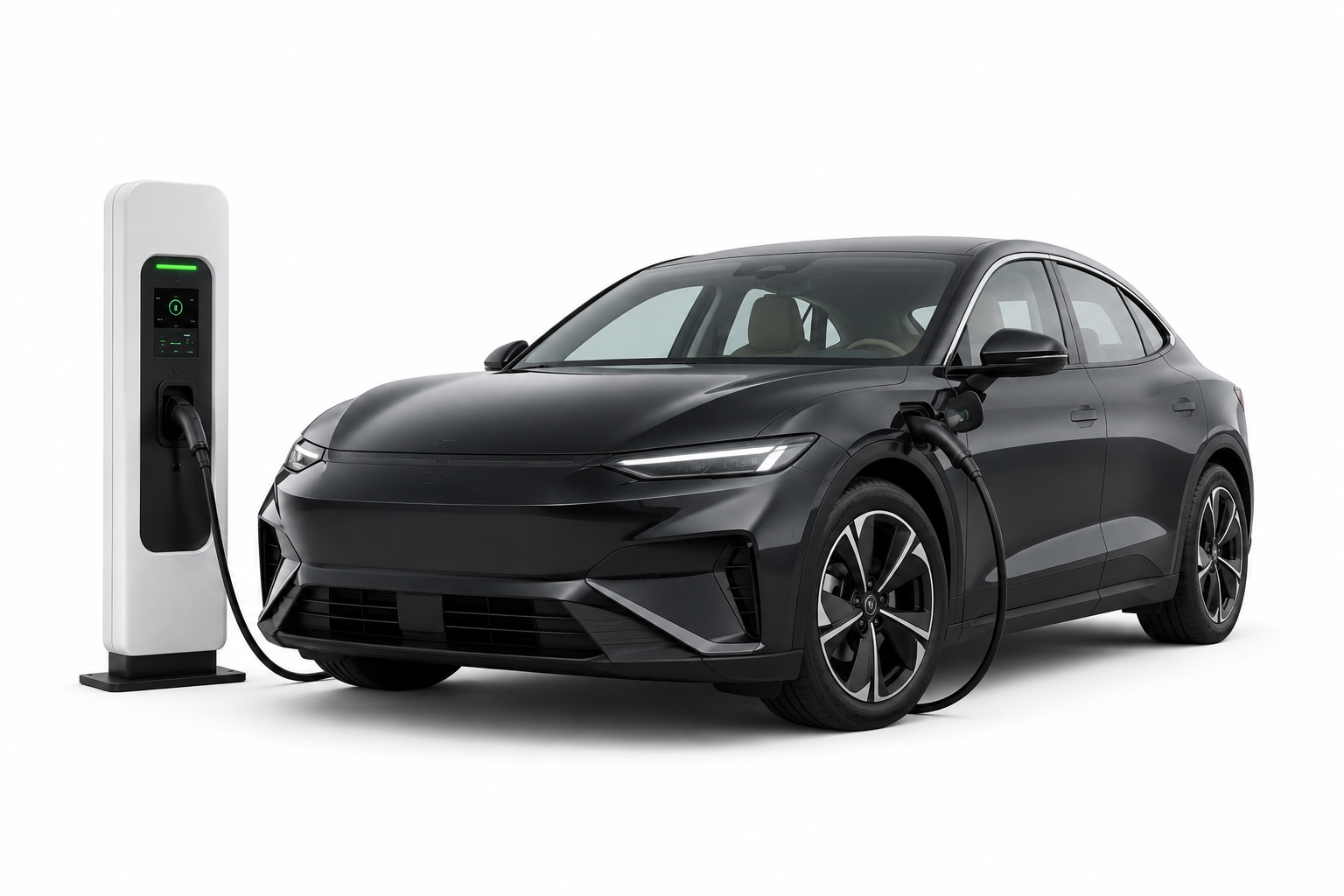 Black electric sedan charging beside a white EV charger station