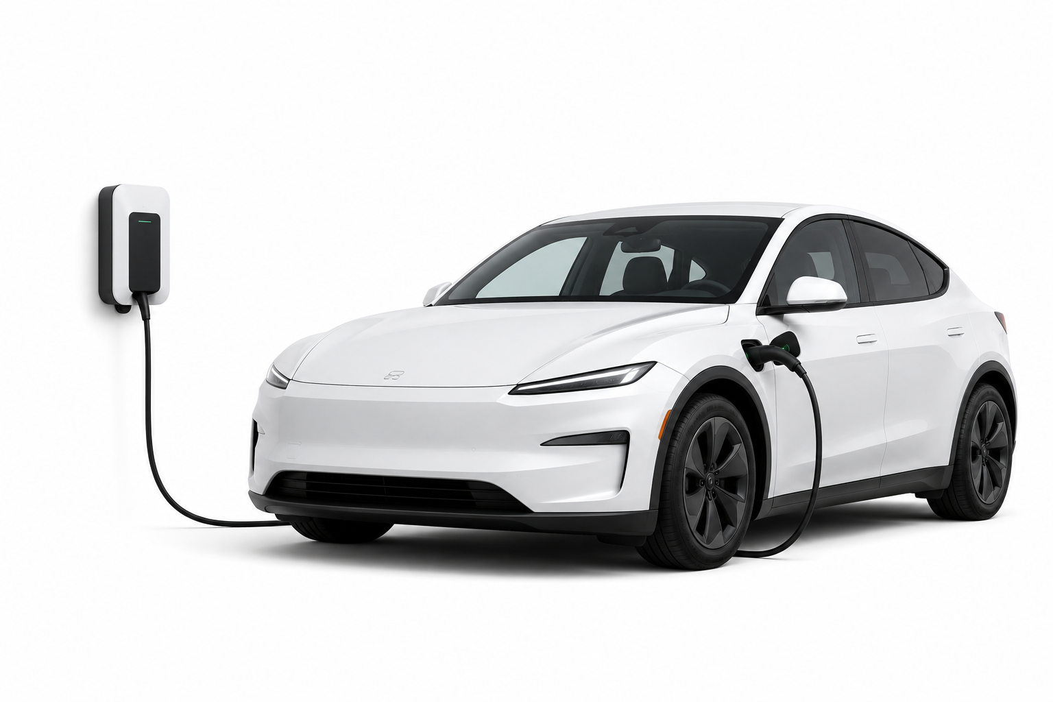 White electric car plugged into a wall charging station on a white background