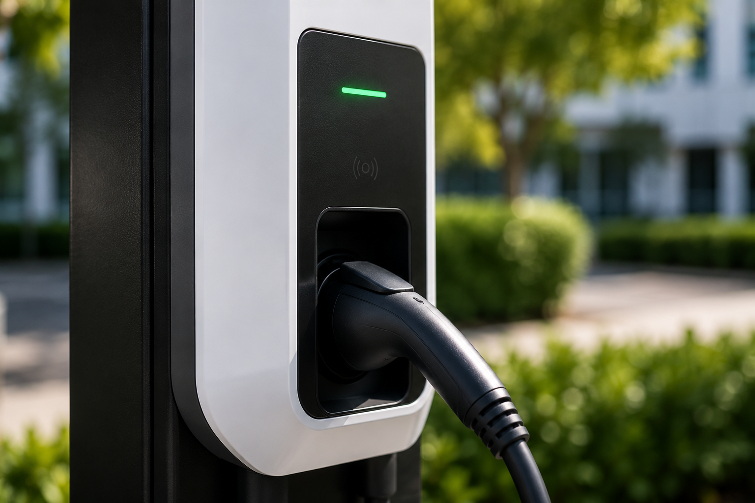 Electric vehicle charging station with a plugged-in cable and green status light outdoors