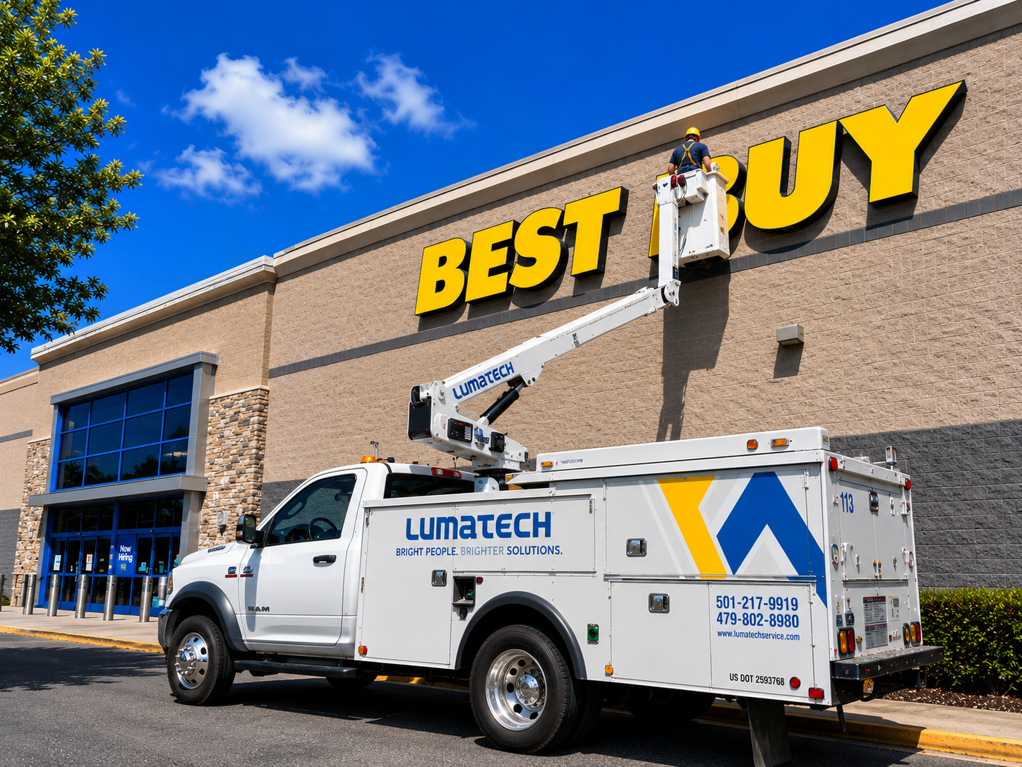 Best Buy storefront with a Lumatech utility truck parked outside and a worker in a lift