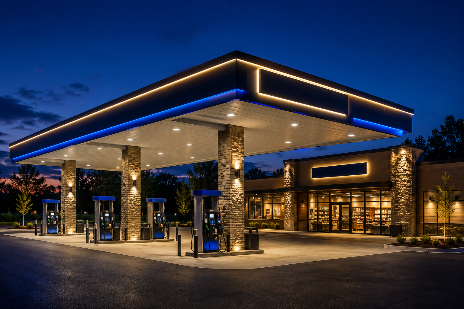 Modern gas station at dusk with blue accent lighting and multiple fuel pumps