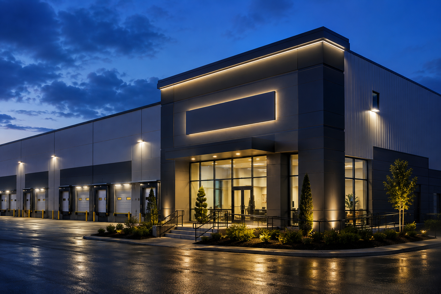 Modern commercial building at dusk with glowing exterior lights and wet pavement reflections