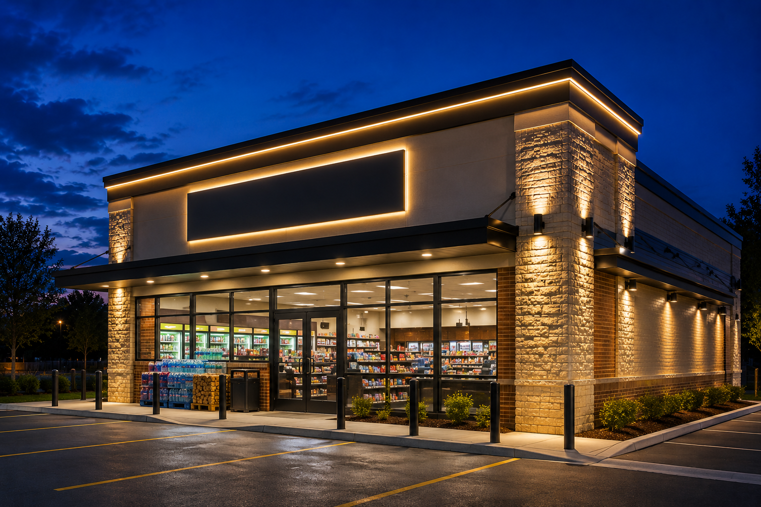 Modern glass-front restaurant exterior at dusk with warm lights and brick walls