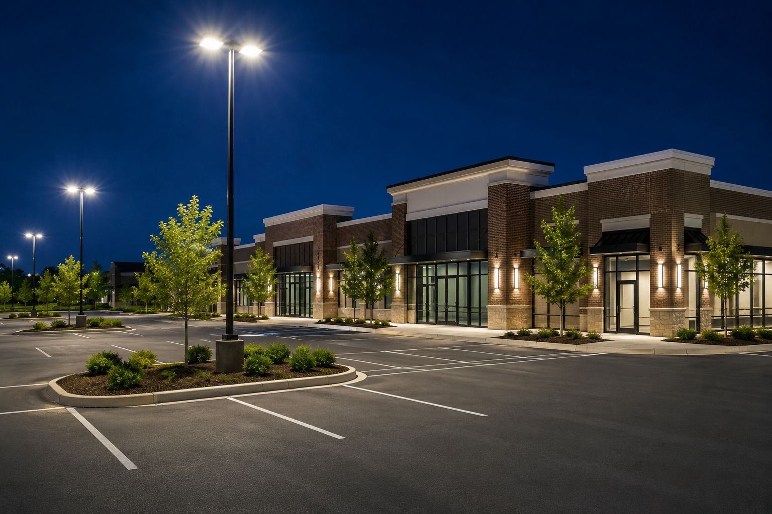 Empty parking lot outside a modern brick building at night, lit by tall streetlights.