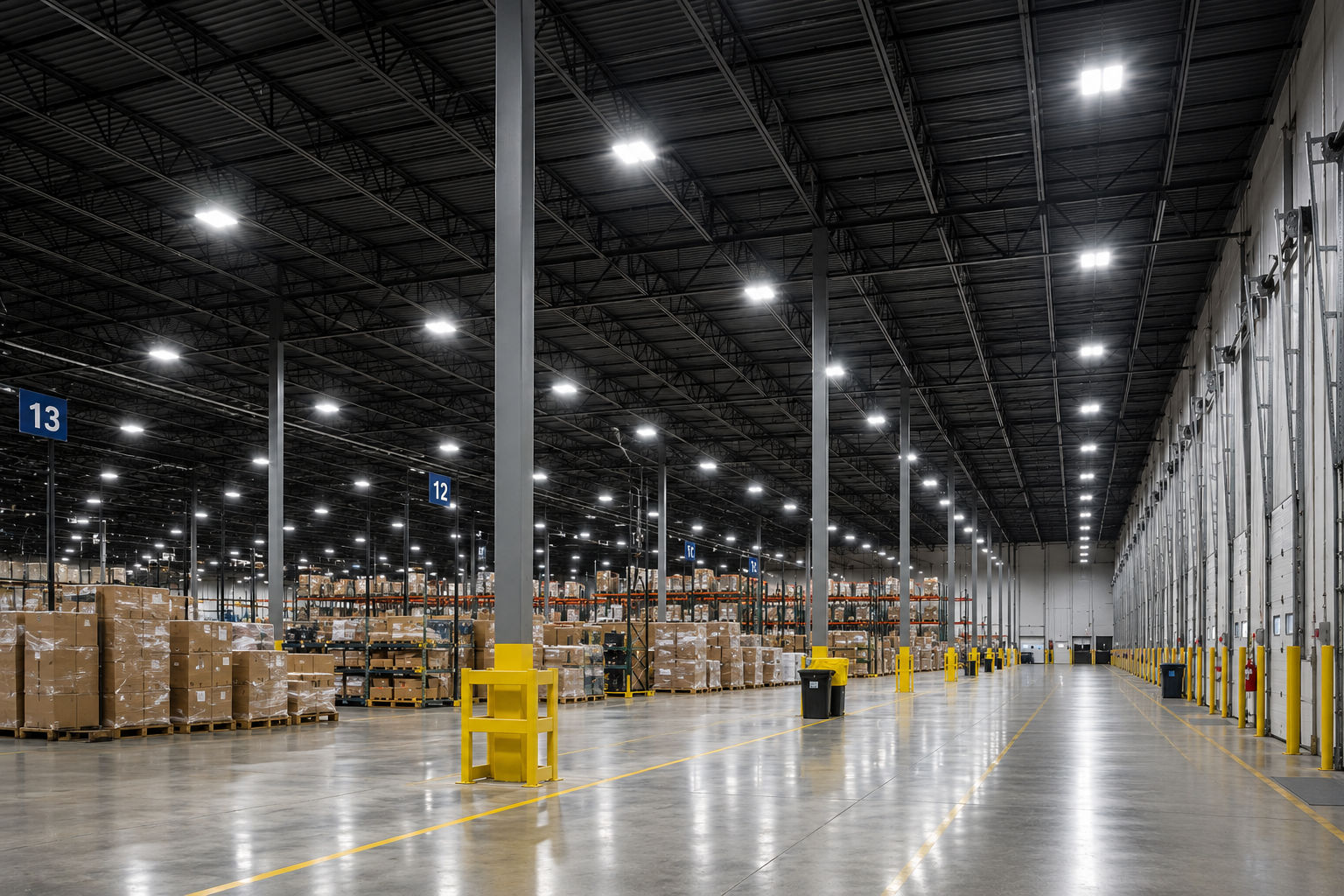 Large warehouse interior with stacked boxes, bright lights, and wide empty aisles