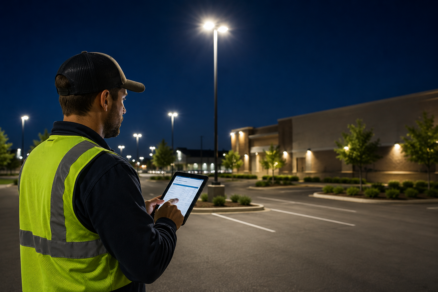 Security guard in reflective vest using a tablet in a lit parking lot at night