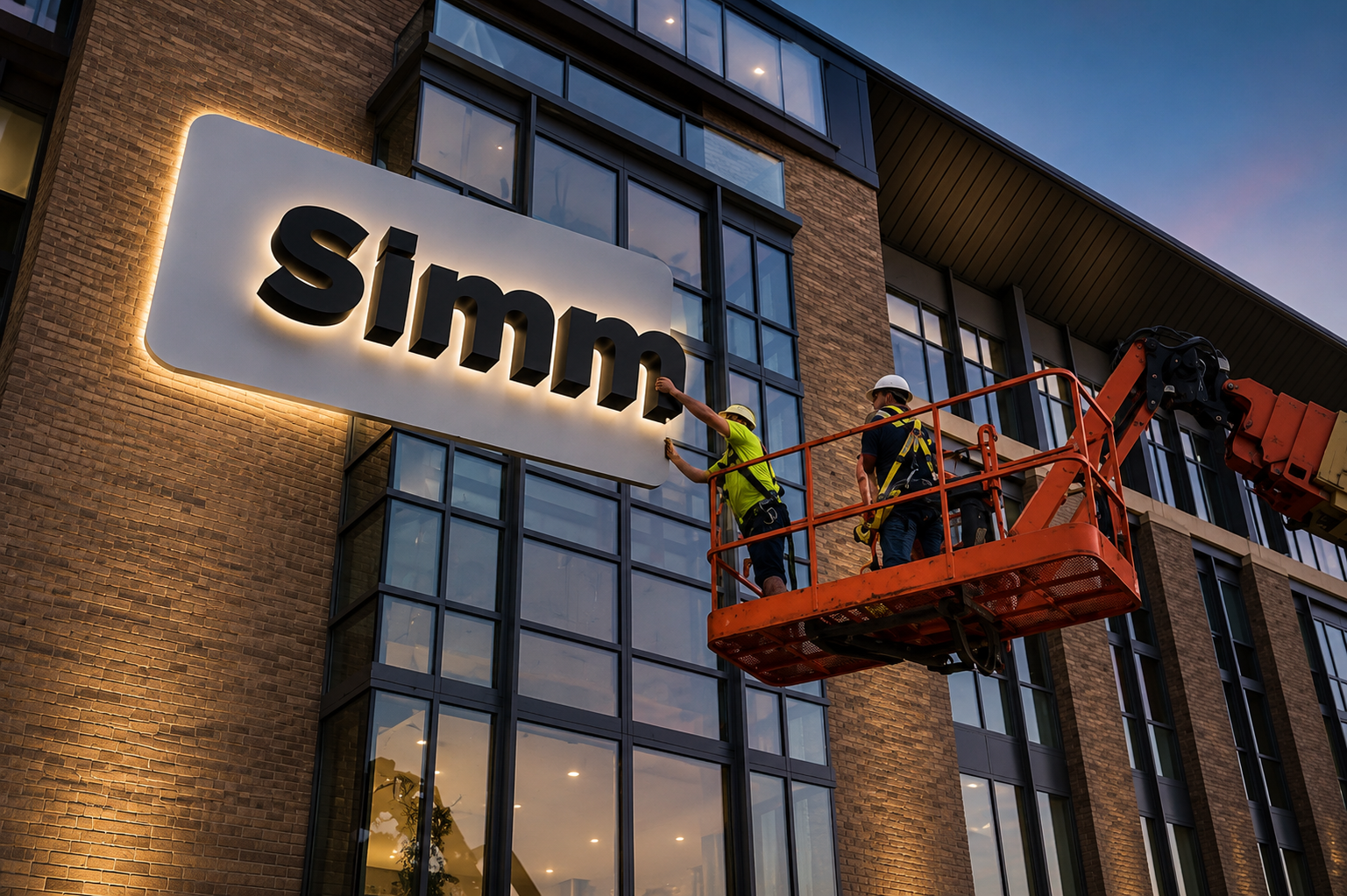 Workers on an orange lift installing lights on a building with a large “simm” sign.