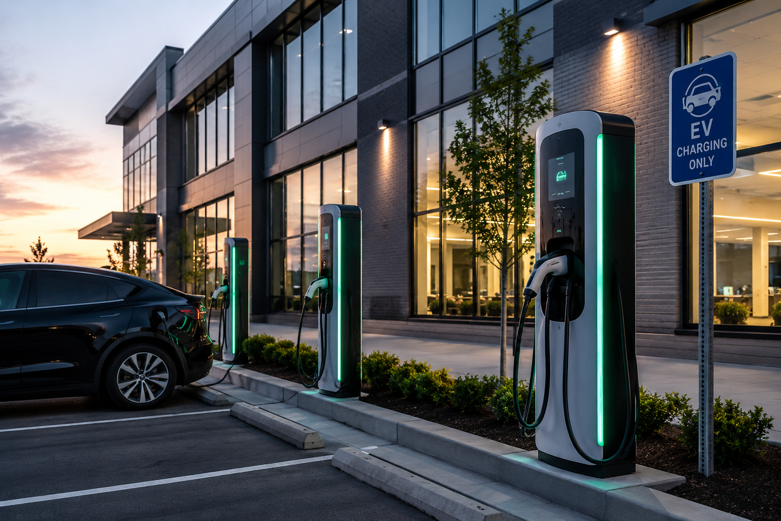 Electric vehicle charging stations beside a modern building at dusk, with a parked car nearby.
