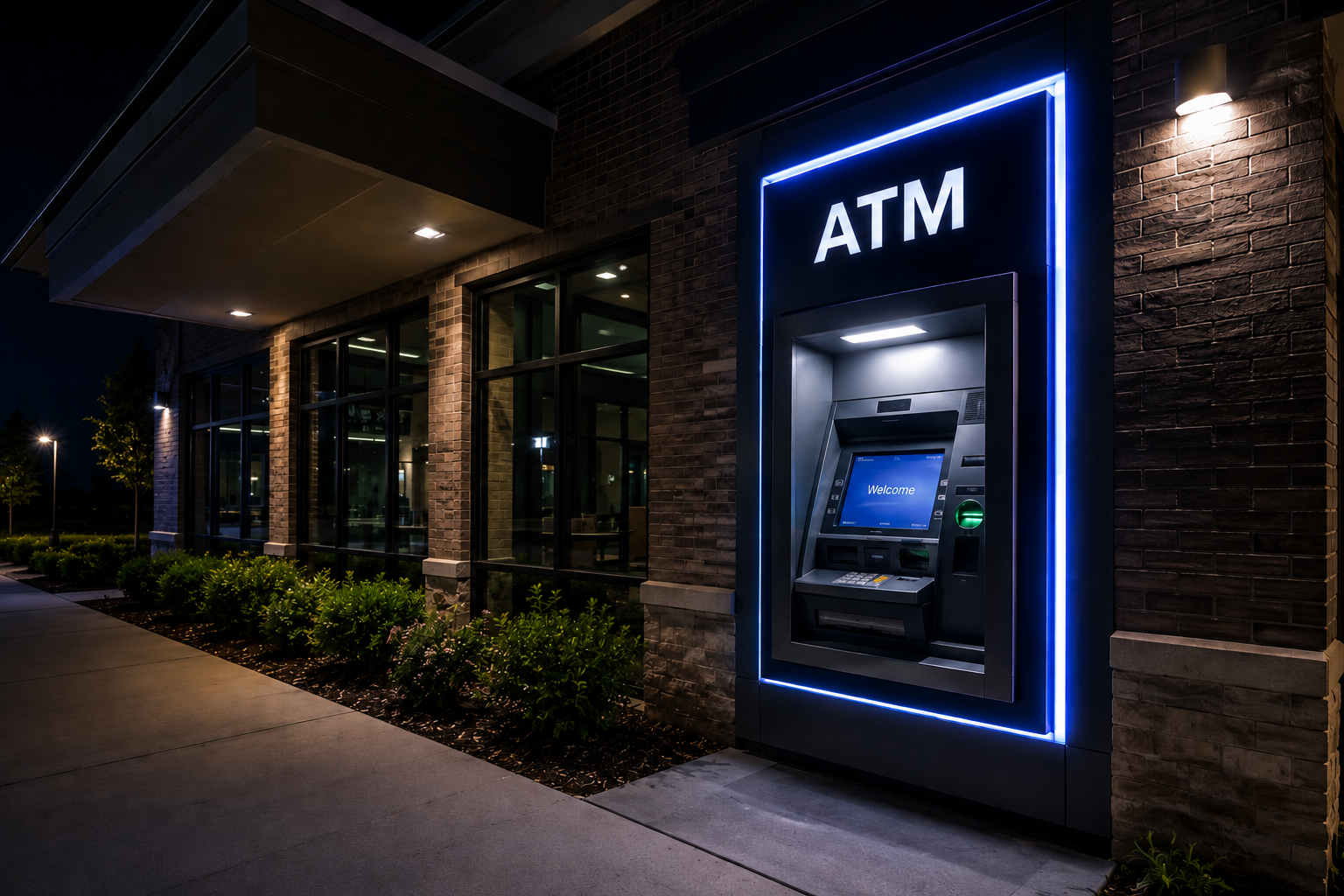Illuminated ATM at a building entrance at night