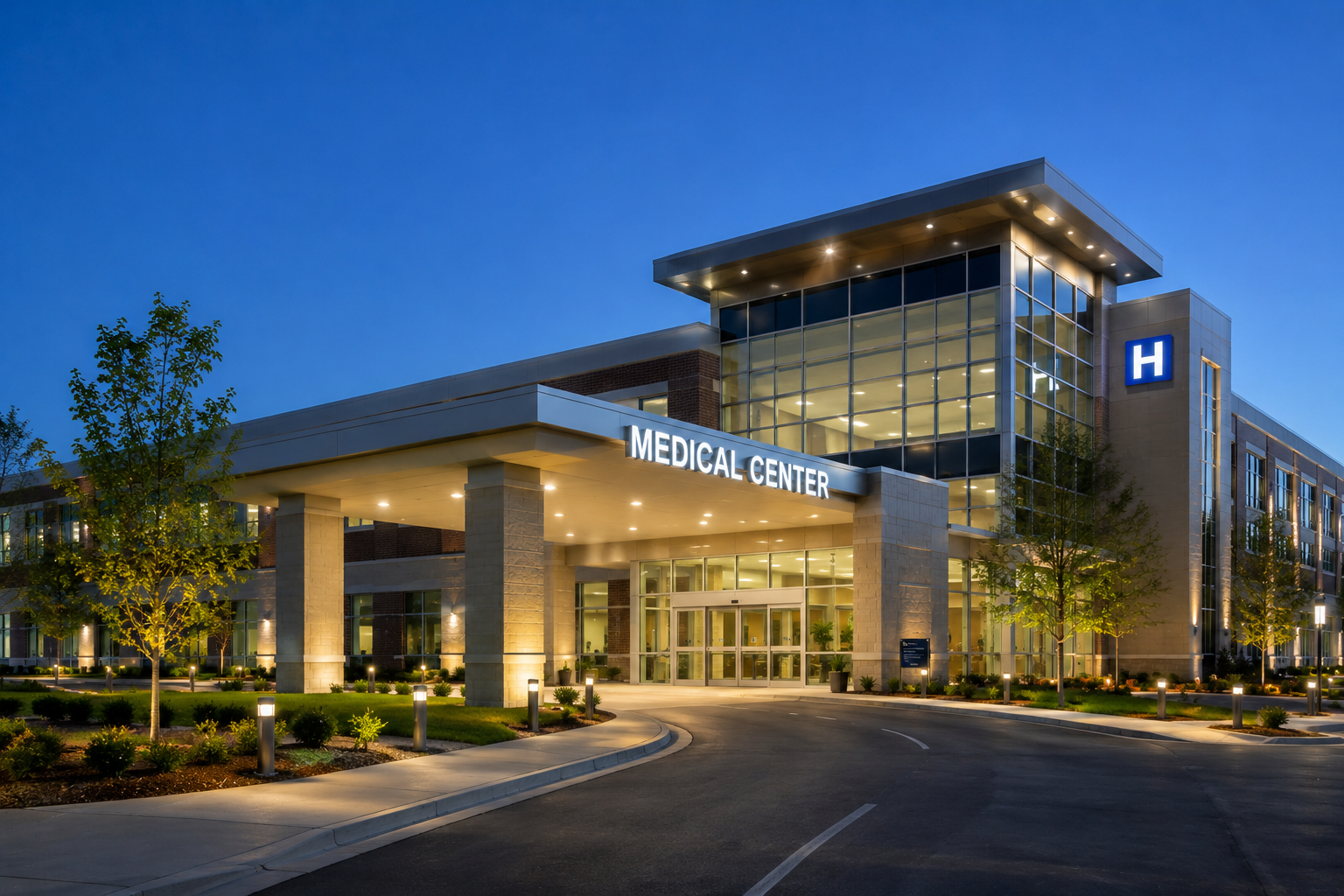 Modern hospital entrance at dusk with illuminated glass facade and blue “H” sign