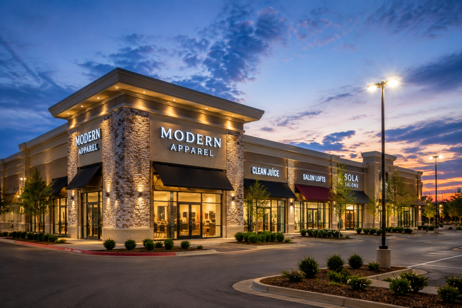 Modern storefront at dusk with warm lights, stone facade, and parking lot outside.