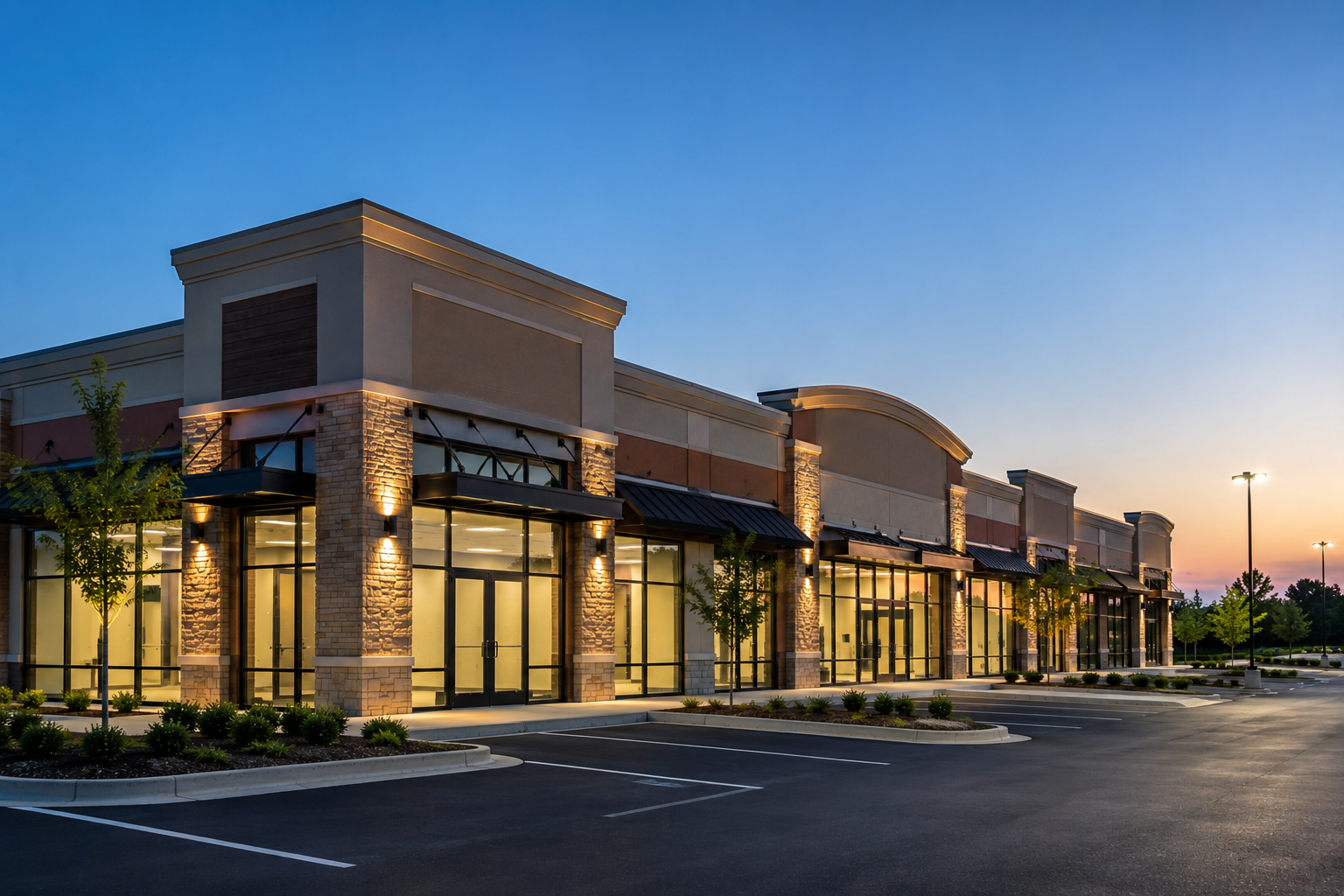 Empty shopping center storefronts at dusk, lit warm against a blue evening sky.