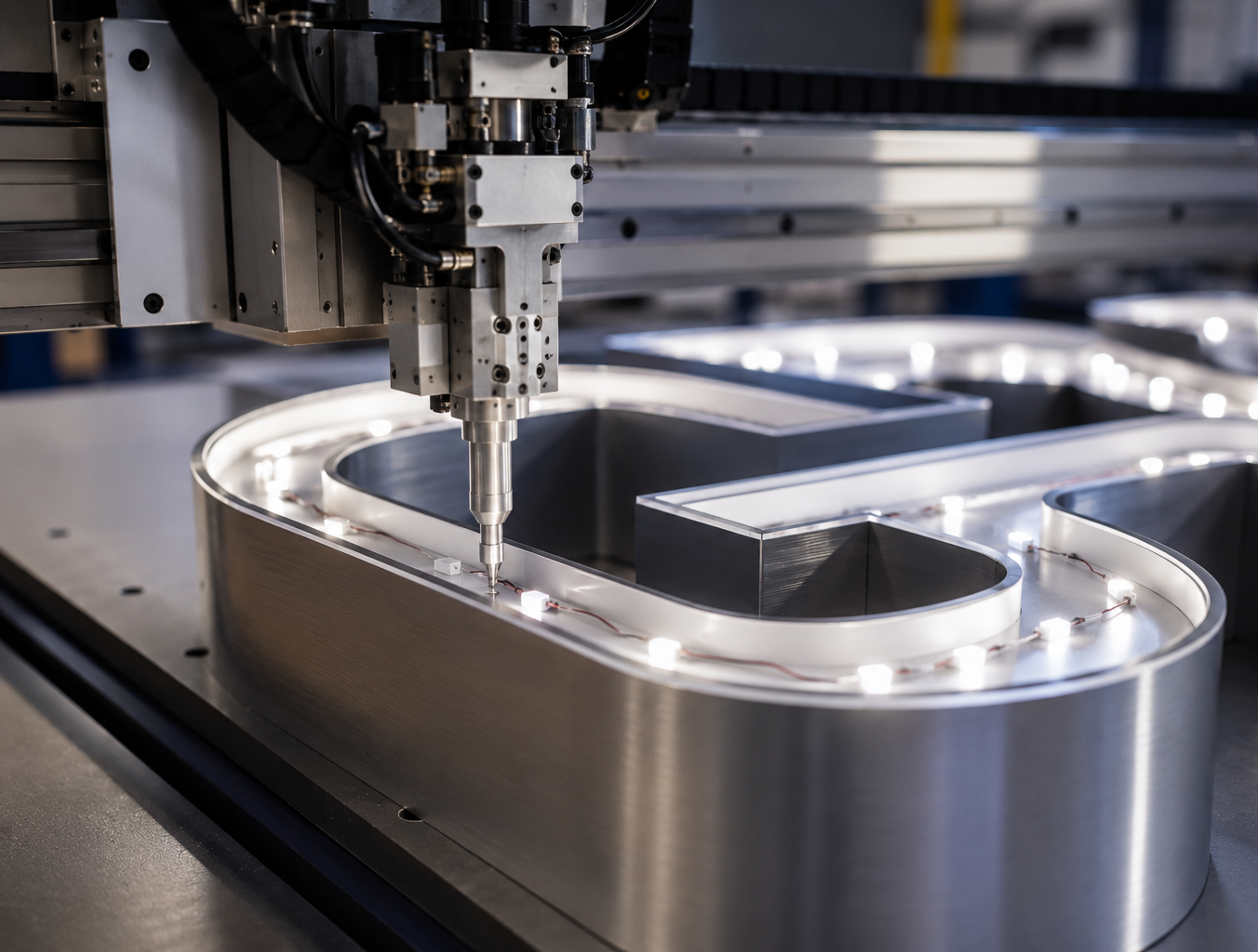 CNC machine milling a large silver metal part in a workshop, with cutting tool and illuminated edges