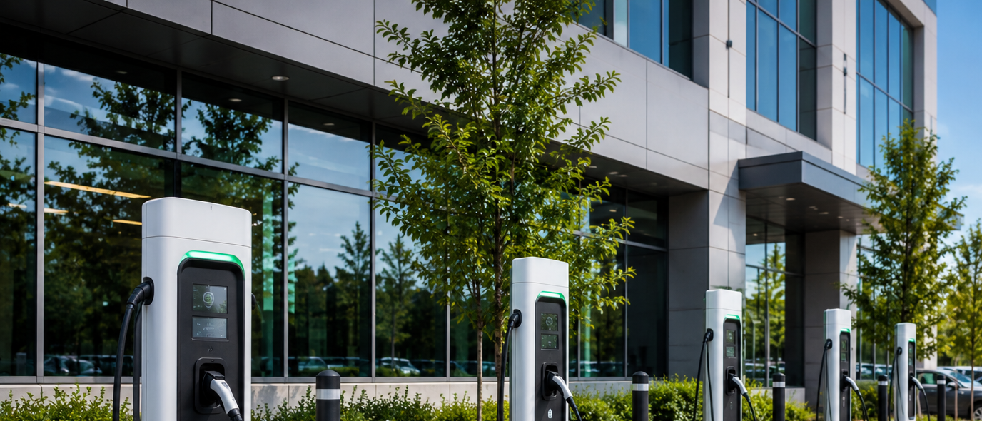 Electric vehicle charging stations outside a modern glass office building with trees and parked cars