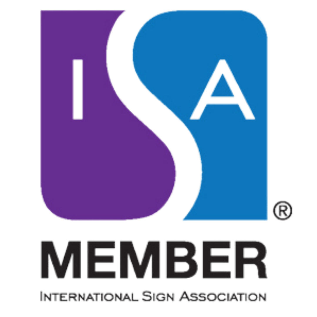 ISA Member logo for the International Sign Association, purple and blue icon with black text