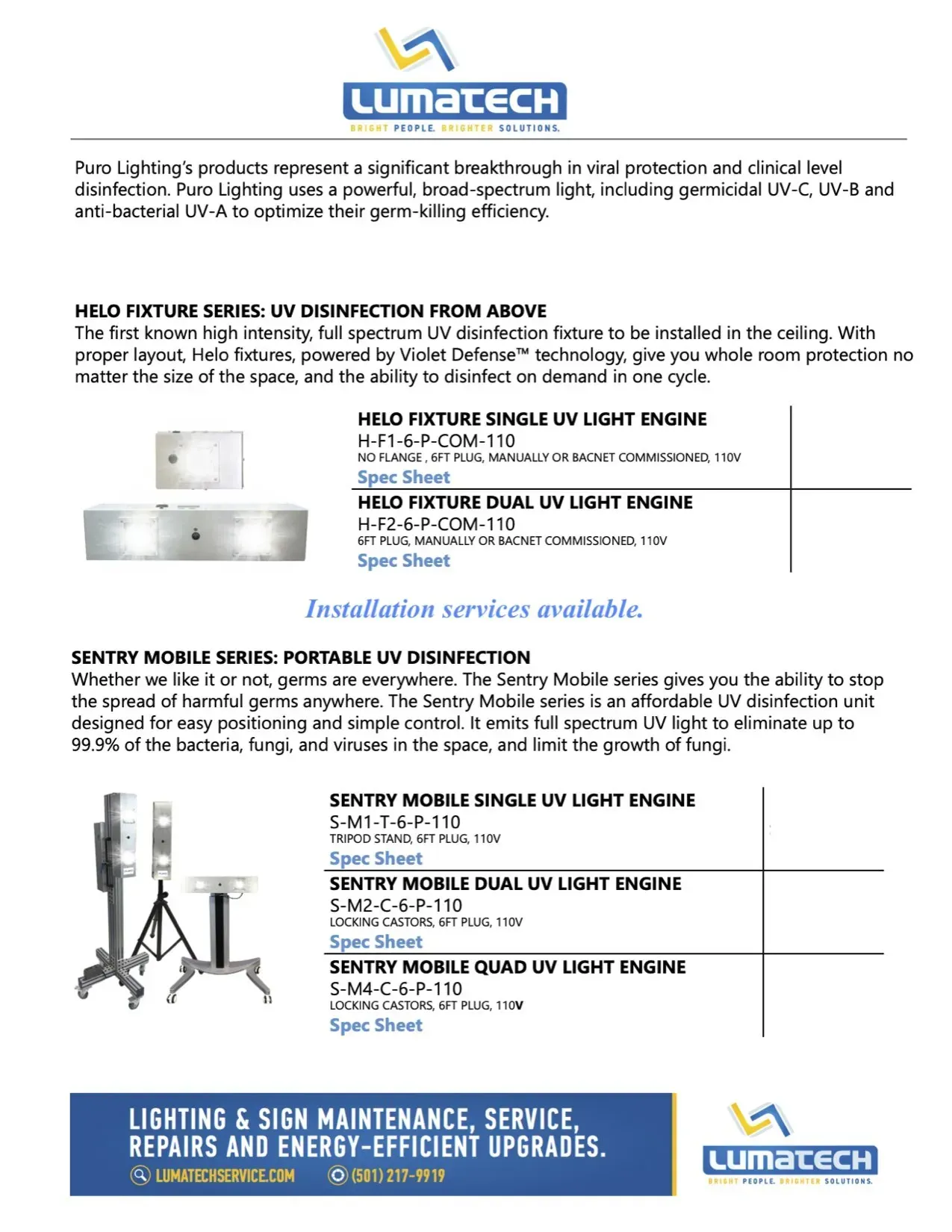 Lumatech flyer with product photos and service details for lighting and signage maintenance