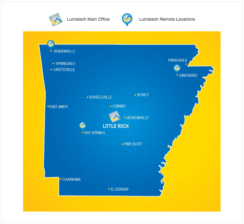 Blue-and-gold Arkansas map infographic marking local locations and statewide service areas