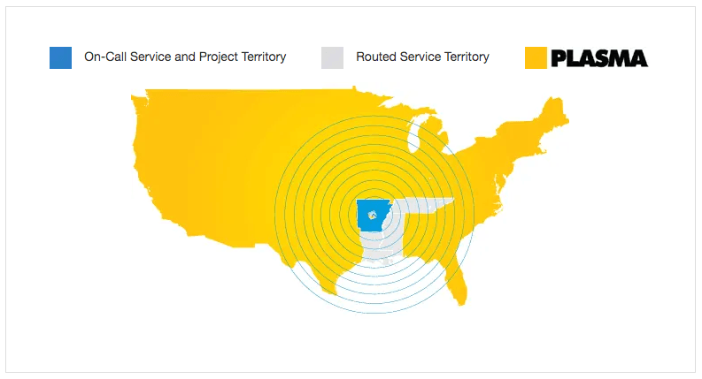 U.S. map in yellow with blue and hatched regions, labeled call center and round service territory by PLASMA