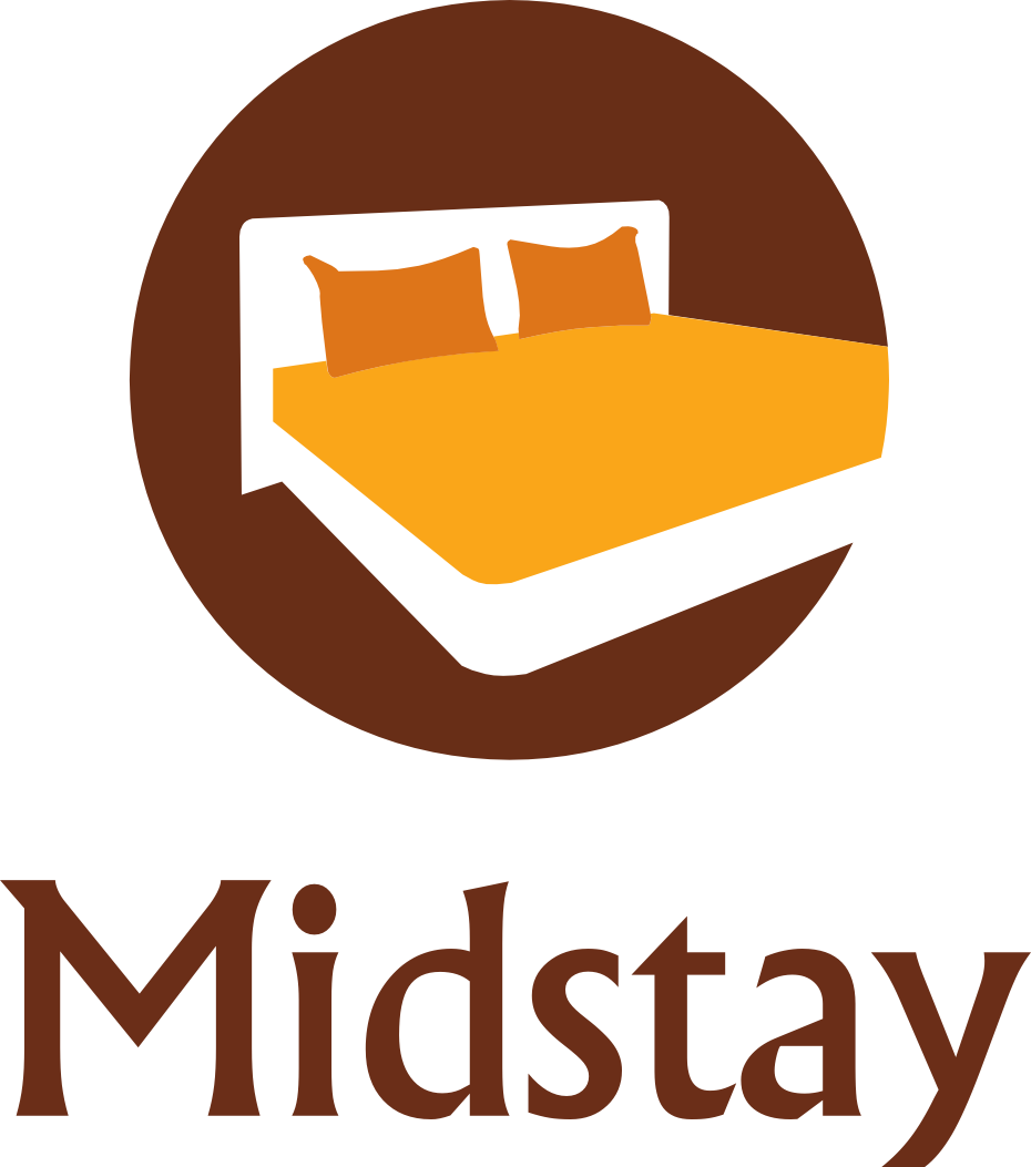 Logo for Midstay: A bed with orange pillows and blanket inside a brown circle, below the word 