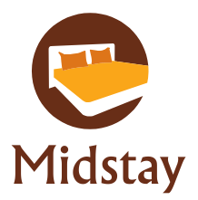 Midstay logo: Bed within a brown circle, orange bedding, brown text below.