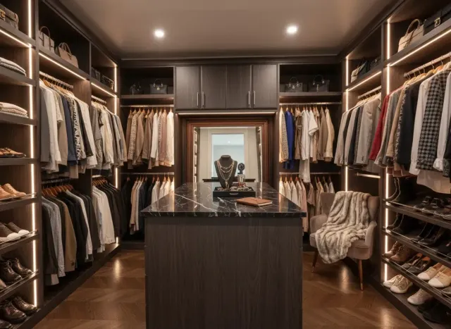 A custom, walk-in closet in Sarasota, FL, with an island in center, necklace holder, and a lot of clothes