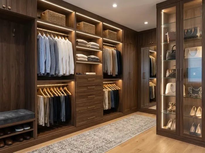 final walkthrough of a finished custom walk-in closet