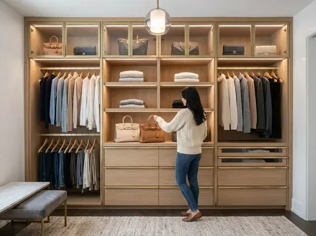 A woman putting a purse in her new closet system