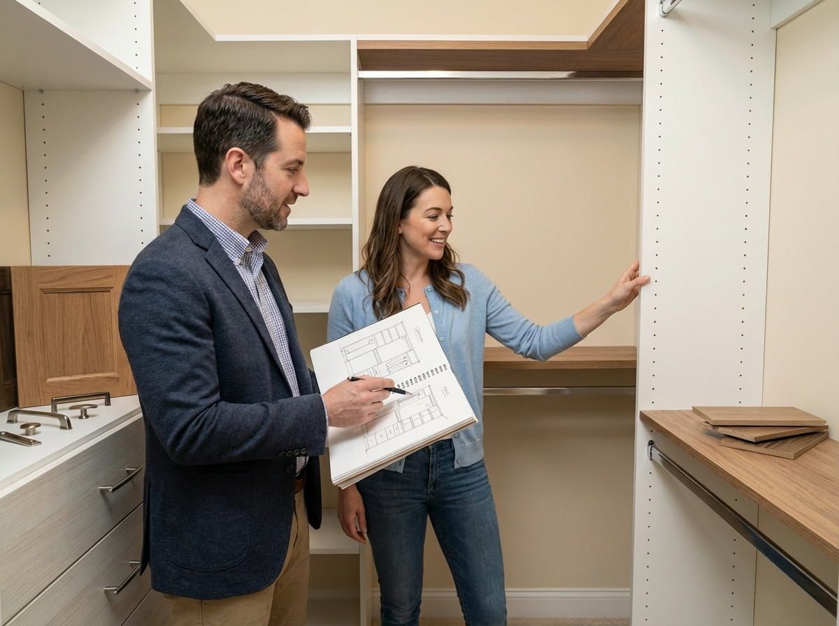 A woman showing our designer her home space and what she is envisioning for her closet project.