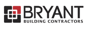 Bryant Building Contractors logo in black and red with interlocking square icon