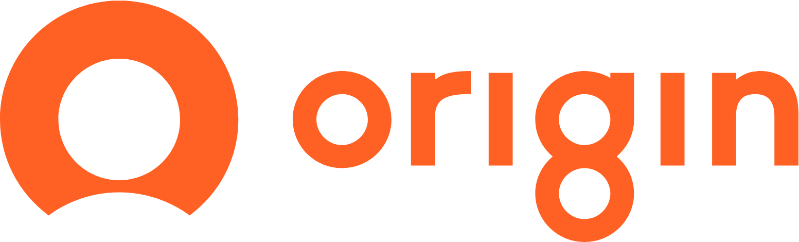 Orange “origin” logo with a circular icon and lowercase wordmark on a white background