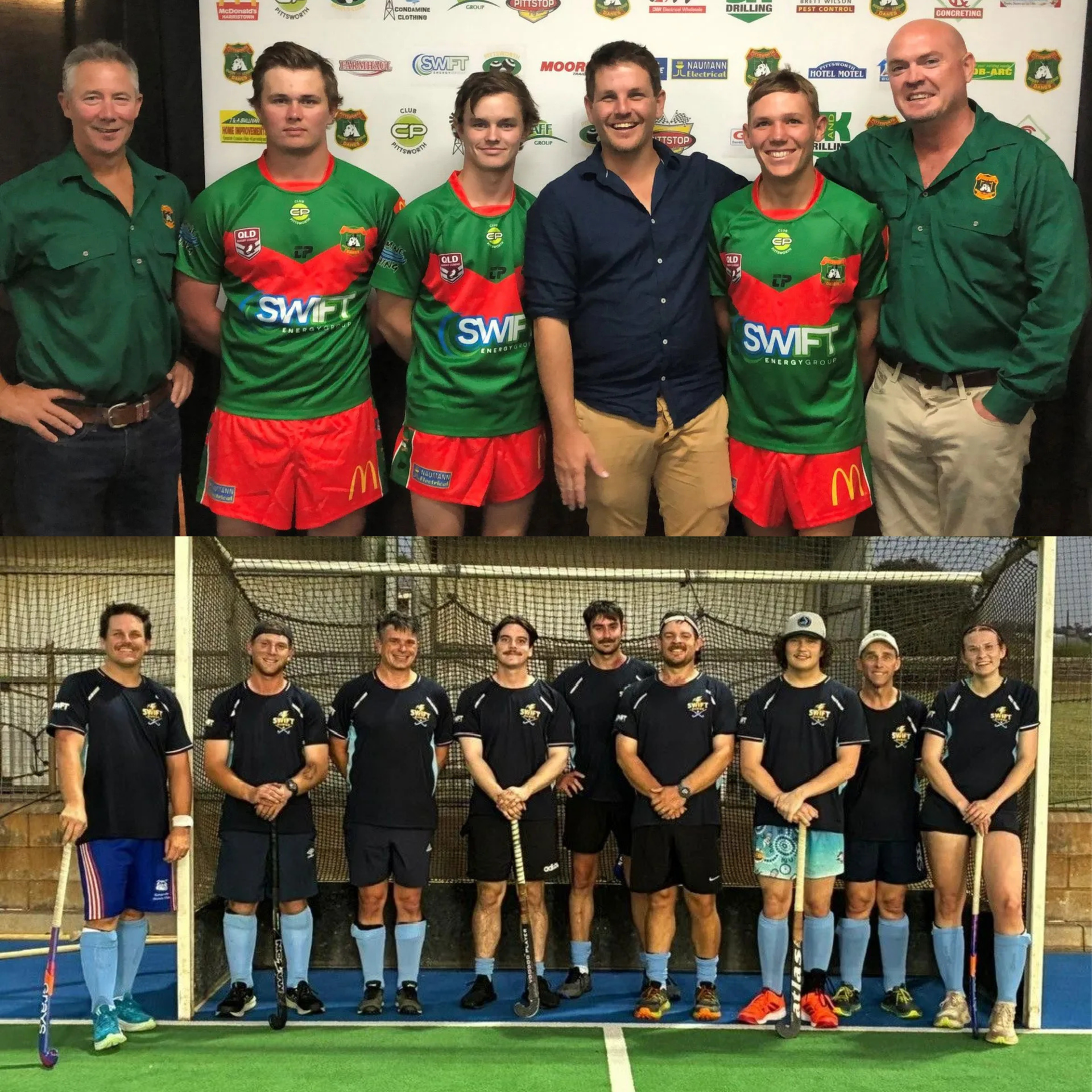 Two sports teams posing indoors, one in green/red uniforms and one in black uniforms, with coaches at the ends