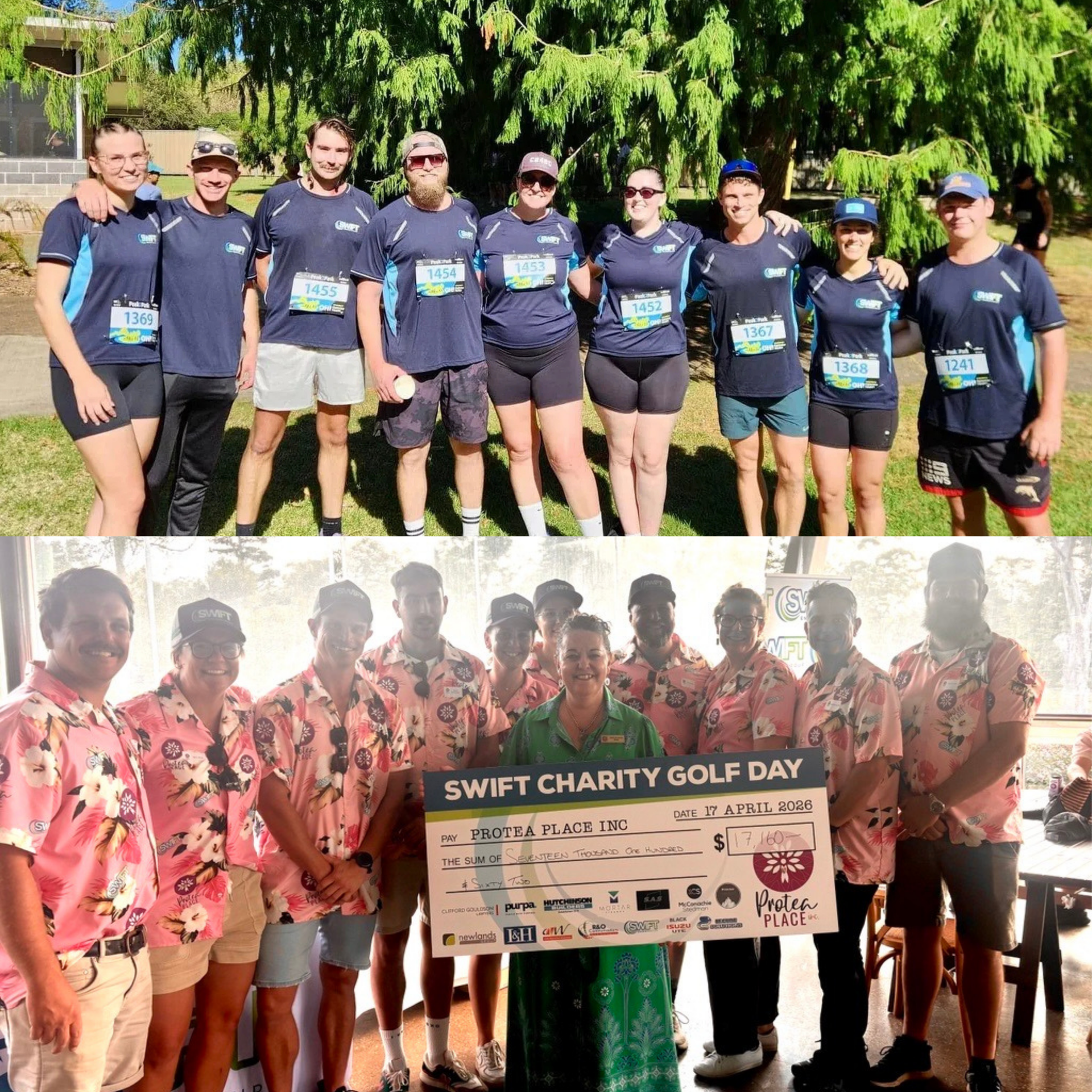 Two team photos at a charity golf day; groups pose outdoors, one holding a SWIFT CHARITY GOLF DAY sign.