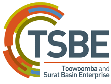 TSBE logo with multicolored arc and text for Toowoomba and Surat Basin Enterprise