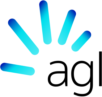 Blue and cyan logo with radiating bars above the lowercase word “agl”