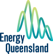 Energy Queensland logo with blue text and green-blue wave lines on white background