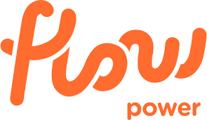 Orange “Flow power” logo with stylized cursive lettering