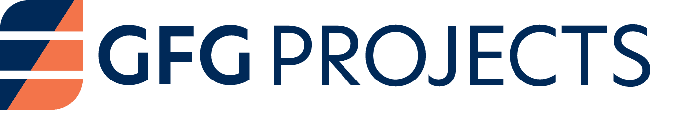 GFG PROJECTS logo with blue and orange diagonal mark on white background
