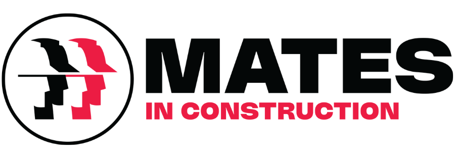 MATES IN CONSTRUCTION logo with black and red text and a circular icon on a white background